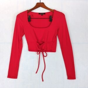 Mixed Threads Vibrant Red‎ Cout Out Lace up Cropped Shirt XS